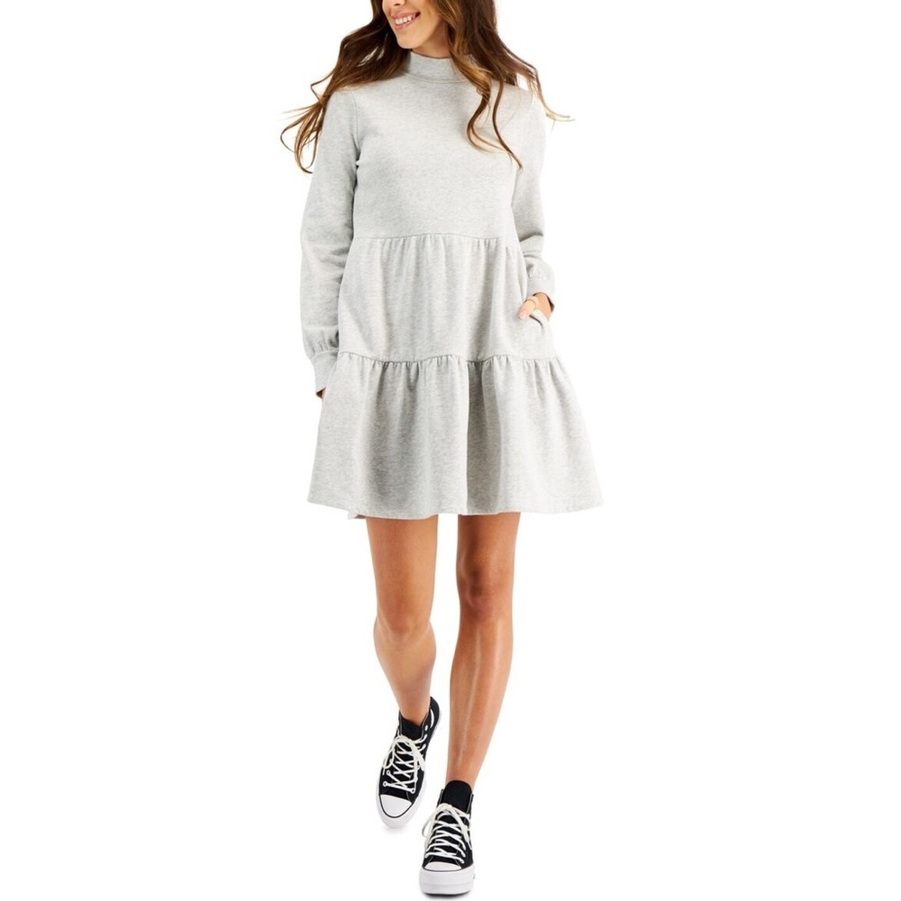 Style & Co Mock-Neck Tiered Dress Grey Size Medium